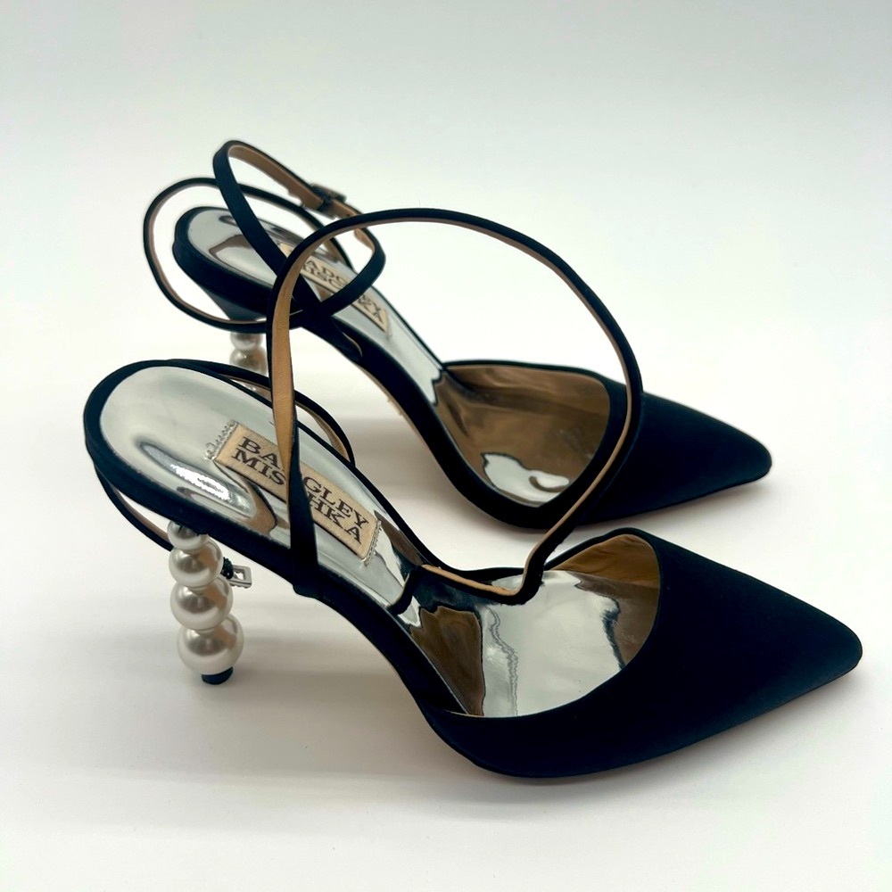 Badgley Mischka Black and Silver Heels with Pearl Accents
